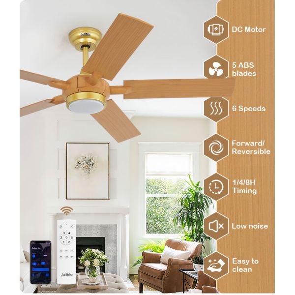 1stshine Ventilador de teto LED com acabamento remoto de grãos de madeira 5 lâminas Logotipo 1stshine / OEM Logotipo