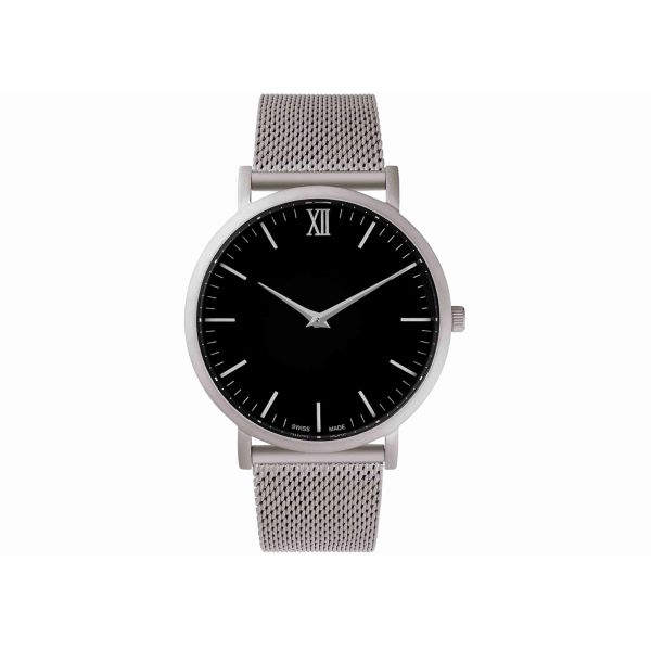 Custom Silver Stainless Steel Watch Mesh Strap With Black Face