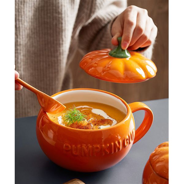 Halloween Christmas Ceramic Pumpkin Soup Bowls Polished With Lid And Spoon