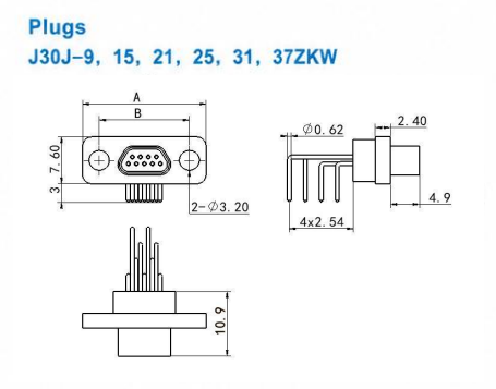 J30J-25ZKW Micro D Rectangular Connectors 25 Contact Right Angle PCB Receptacle