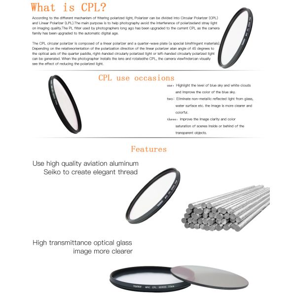 CPL Polarizer Filter  Schott B270 MRC16 Nano Coating 77mm  with Aluminum Alloy Frame