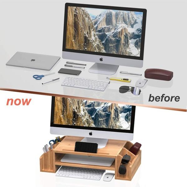 Conveniente suporte de monitor de bambu de 2 camadas com 58*25*16cm Caixa de armazenamento multifuncional