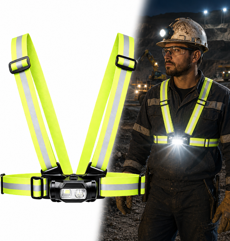 IPX4 Waterproof Chest-Mount Work Light with Dual-Light Source and Reflective Strap for Hands-Free Night Work
