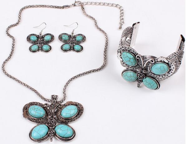 Turquoise jewelry set fashion personality three butterfly earrings necklaces bracelets
