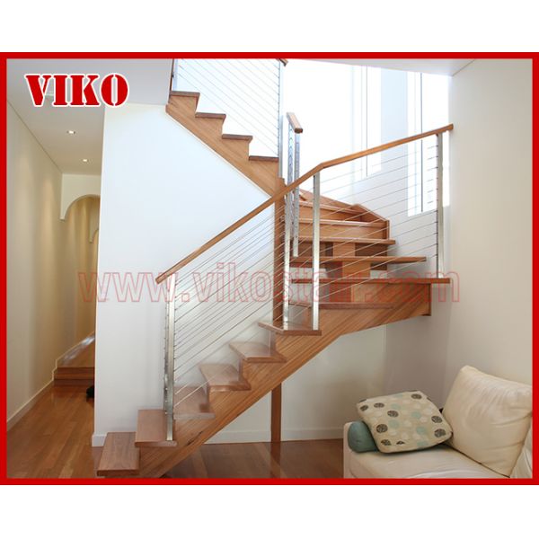 Steel Cable Stair VK77SC Carbon Steel Powder-coate Aluminum Baluster Treed Beech Handrail 304 Stainless Steel Glass