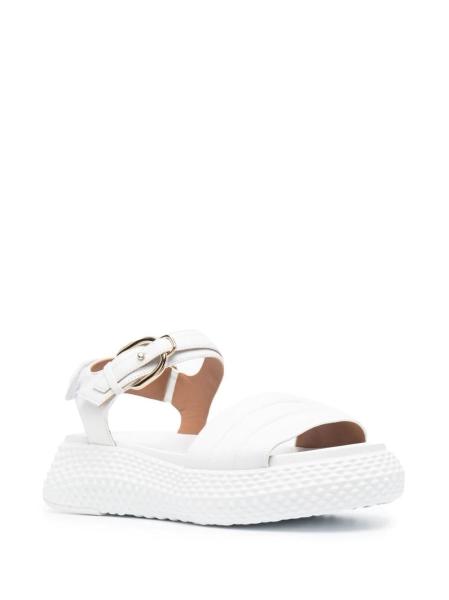 Slip On Calfskin Leather Open Toe Flat Sandals With Raised Footbeds