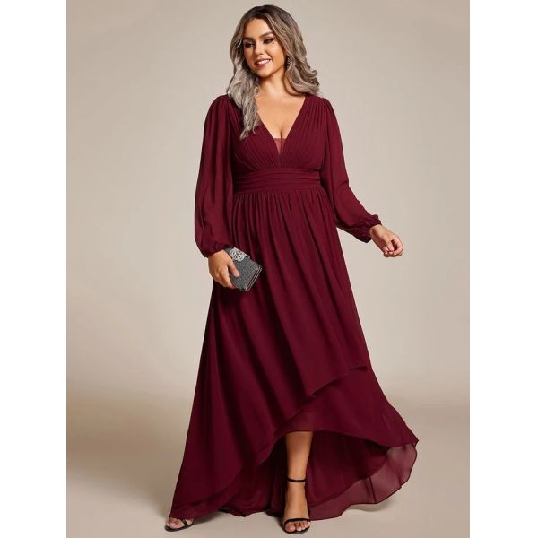 V-neck Plus Size Enchanting Lotus Leaf Lantern Sleeve Pleated Empire High Waist A-line Dark Green Chiffon Prom Dress