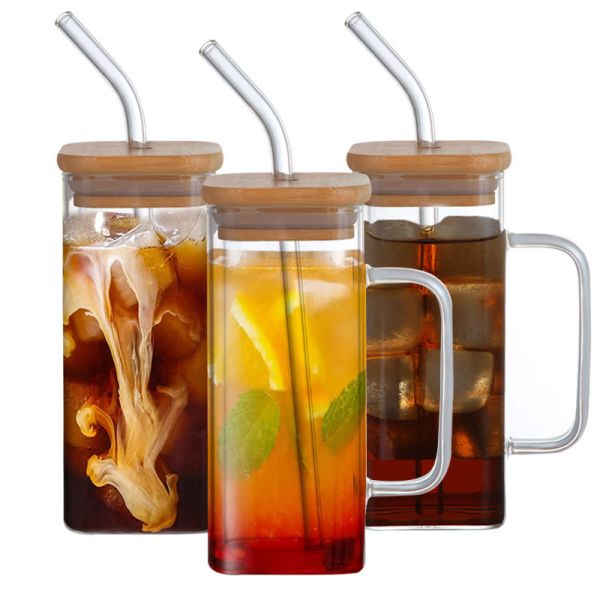 Sustainable 350ml Clear Glassware Drinkware Iced Coffee Tea Mug with Lid and Straw Handle