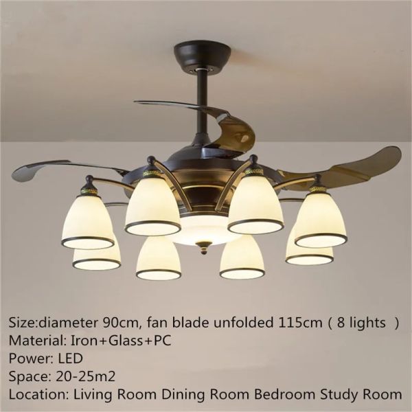 Luxury Ceiling Fan Light Remote LED Electric Fan Light with glass lampshade metal Stealth Fan Light (WH-VLL-28)