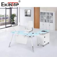 L bleu blanc Président Office Glass Desk de forme avec la surface douce de Cabinet