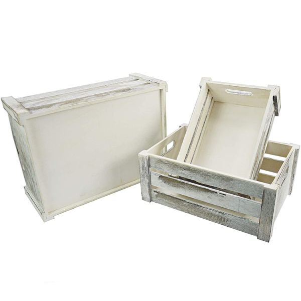 Set of 3 Wooden Crates with Rope Handles European Regional Feature Wood Material