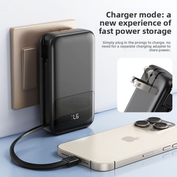2 In 1 Plug In Power Bank 10000mAh 22.5W Fast Charging With Cables / LED Display