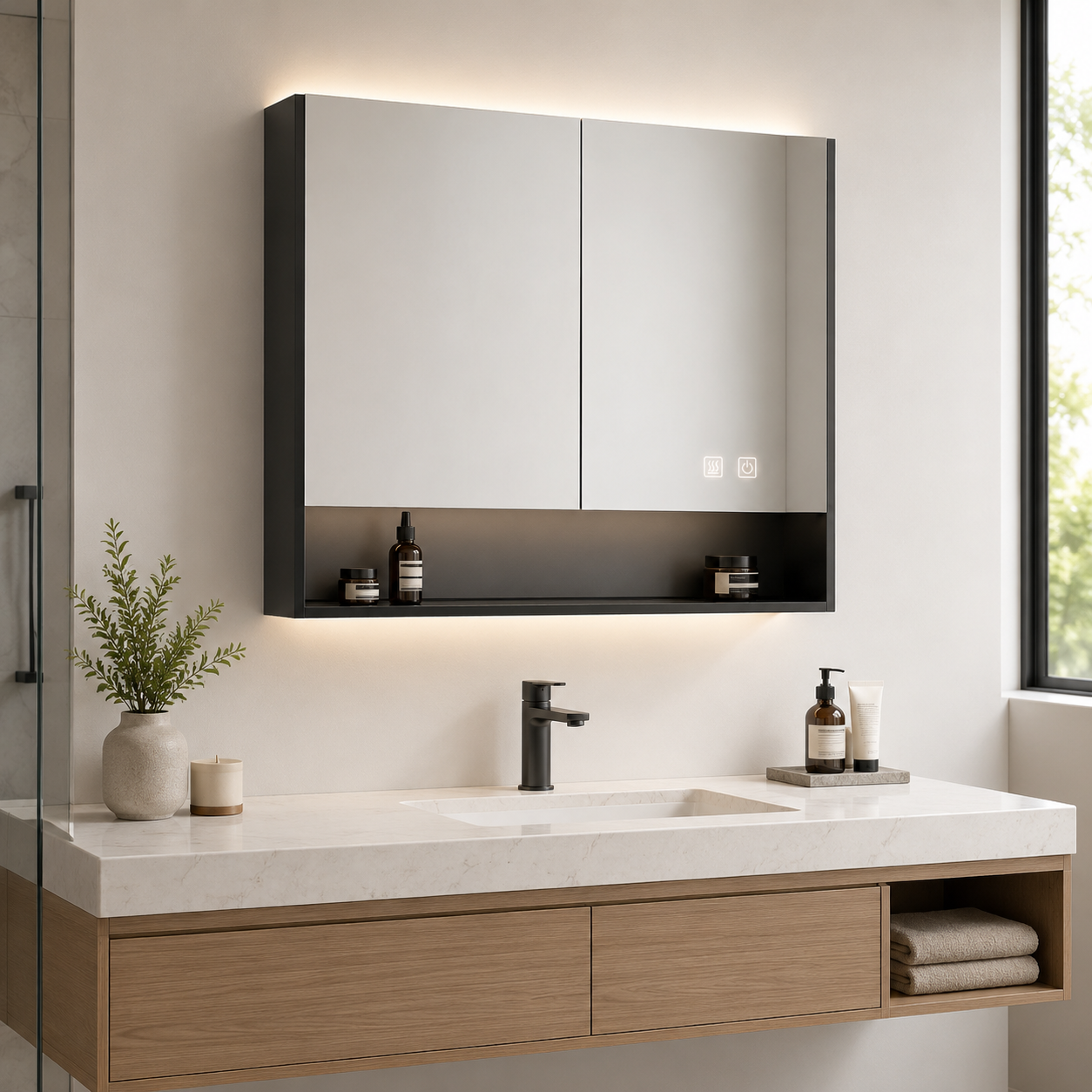 Kingstin LED Backlit Mirror Cabinet, Anti-Fog Aluminum Alloy Smart Bathroom Medicine Cabinet with Storage & USB
