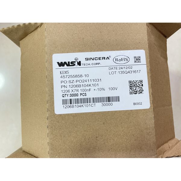 1206B104K101CT – MLCC 1206 case X7R dielectric 0.1µF ±10% 100V rated low ESR wide -55°C to +125°C range perfect for decoupling and power filtering