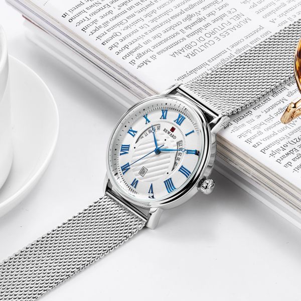 Mesh Strap Mens Watches Quartz Stainless Steel Mineral Crystal Glass With Date