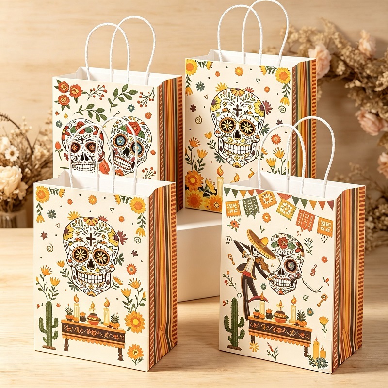 Calavera motif paper treat bags for ofrenda with twisted handles