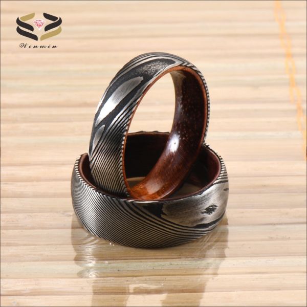 Bagues de mariage en acier damas gravé de 6 mm et 8 mm avec incrustation de manchon en bois de rose pour cadeau de Noël Type de bijoux Bagues Matériaux