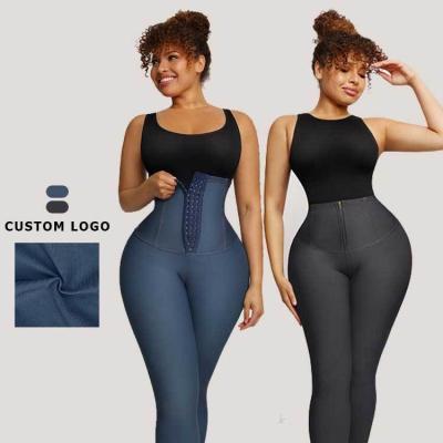 Impressão digital cintura alta mulheres body shaper shapewear jeans calças cintura treinador leggings