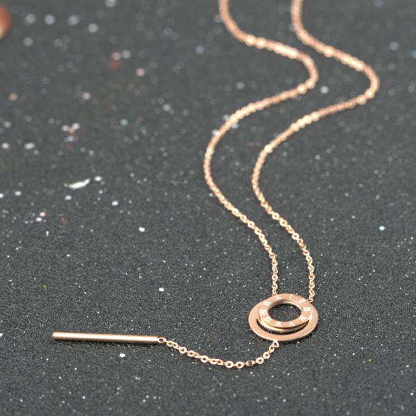 Steel Double Round Cylinder Pendant Long Necklace, Rose Gold Pated Necklace