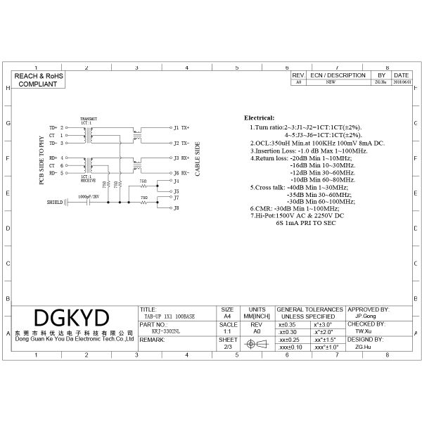 Customized 1000M 33.0mm Single Port 6 Pin Rj45 Connector with Transformer / Leds KRJ-3302NL