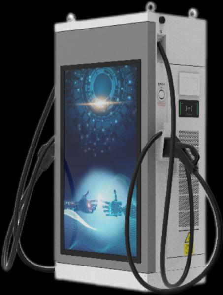160kW DC fast charger for electric vehicle charging stations, equipped with dual charging guns, a 7-inch high-brightness colour touchscreen, and IP54 protection rating
