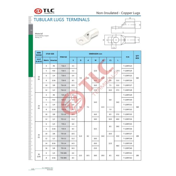 0.5-120mm2 Tin Plated Tubular Cable Lugs For Electrical Connections