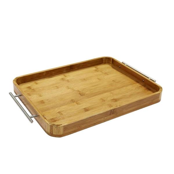 Professional Rectangle Bamboo Serving Tray Food Tray With Stainless Steel Handle