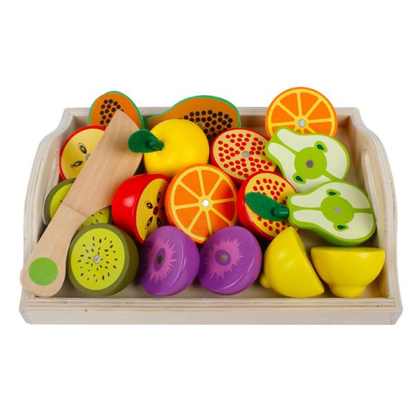 Colored 19cm Wooden Fruit Cutting Set Toy Kid Education