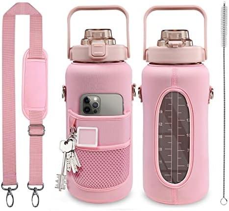 Half Gallon Water Bottle With Sleeve 64oz (2L) Inspirational Water Bottle With Straw and Time Stamp,