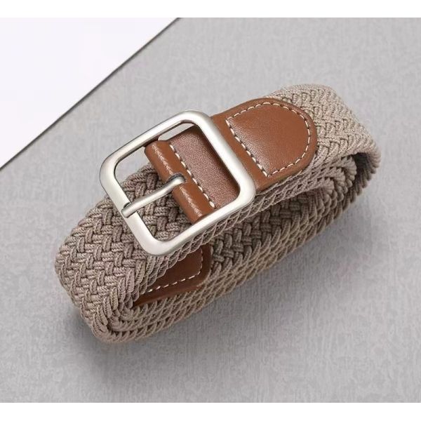 Canvas Woven Belt, Leather Trim Belt, Silver Buckle, Stretch Belt, Two-Tone Casual Belt, Versatile Belt for Jeans