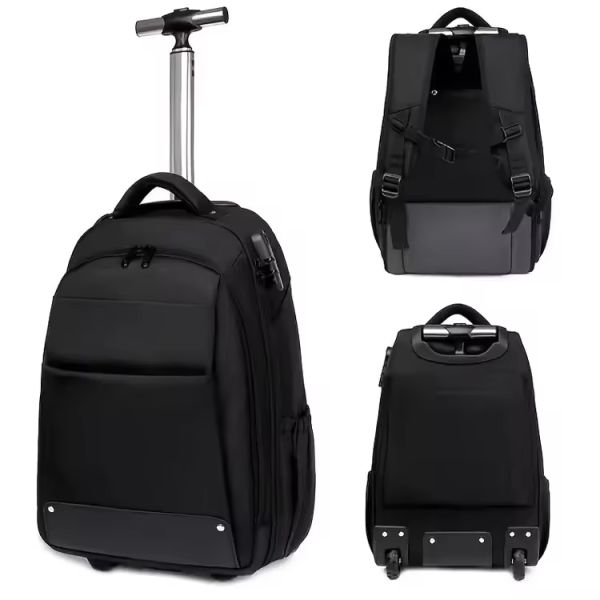Customized Logo Men's Travel Trolley Backpack with Wheels and Anti-Theft Protection