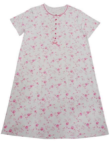 Cotton Pajama Dress Women'S Plus Size Nightgowns With Pink Piping Button Placket Satin Bows