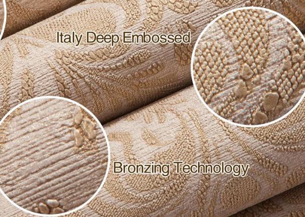 Luxurious Golden Color Embossed Vinyl Wallpaper with Symmetrical Floral Pattern