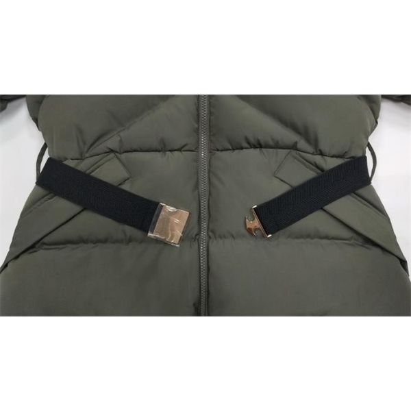 Polyester Womens Long Padded Coat With Hood Belt Zips Long Puffer Fur Hood