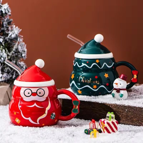 Christmas Tumbler Present WITH LID Porcelain Santa Claus Ceramic Coffee Mug Gift Set