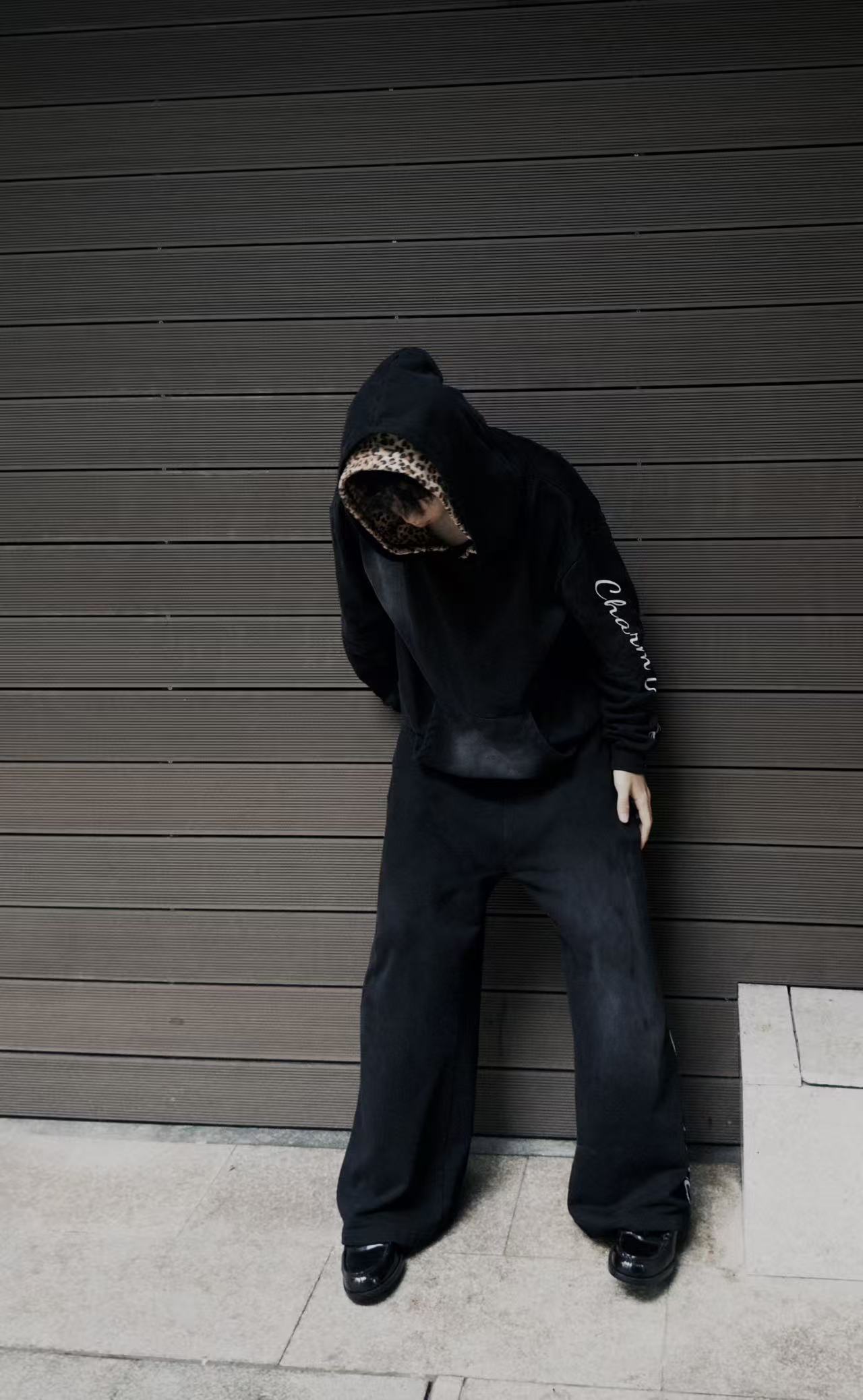 Vintage Faded Washed Hoodie, Leopard Print Lined Hood Oversized Black Sweatshirt for Men