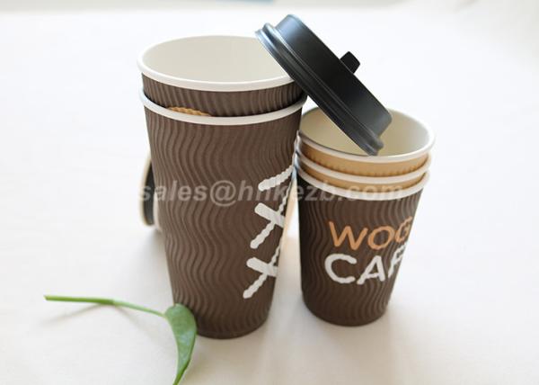 Printed Kraft Paper Cups 16oz , Insulated Black Ripple Coffee Cups For Hot Beverage