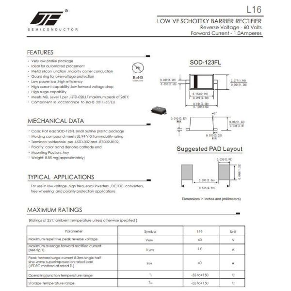 SOD-123FL Low Forward Voltage Schottky Barrier Rectifier Diode with 8.000kg Gross Weight