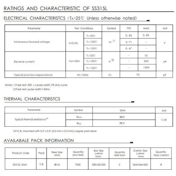 SS34L/SS345L/SS36L/SS38L/SS310L/SS315L/SS320L Low Vf Schottky Rectifier Diode in DO-214AC Package