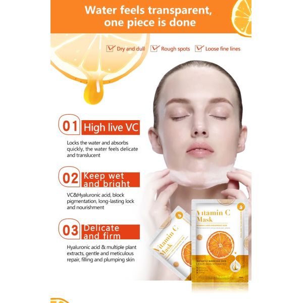 Popular máscara de vitamina C Cosméticos fábrica fabricante blanqueamiento de la máscara facial hidratante natural orgánico Vc cara de la hoja facial máscara