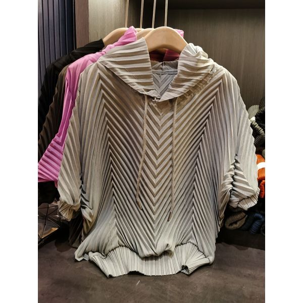 Hooded Pleated Lazy Style Summer Korean Version Loose Short Sleeved Solid Color T-shirt Top for Women