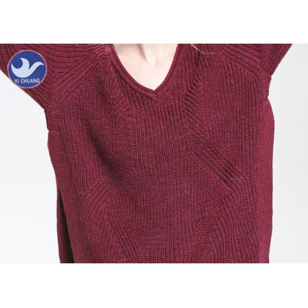 Big Side Slit Ladies Chunky Wool Jumpers , Women's V Neck Wool Sweater Red Color