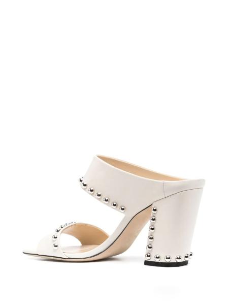 White Lambskin Ladies Block Heel Sandals Metallic Dome Rubber Outsole