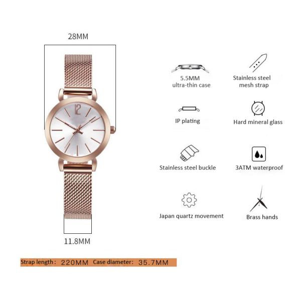 Bracelet Mesh Band Ladies Alloy Quartz Watch Waterproof Minimalist Watches