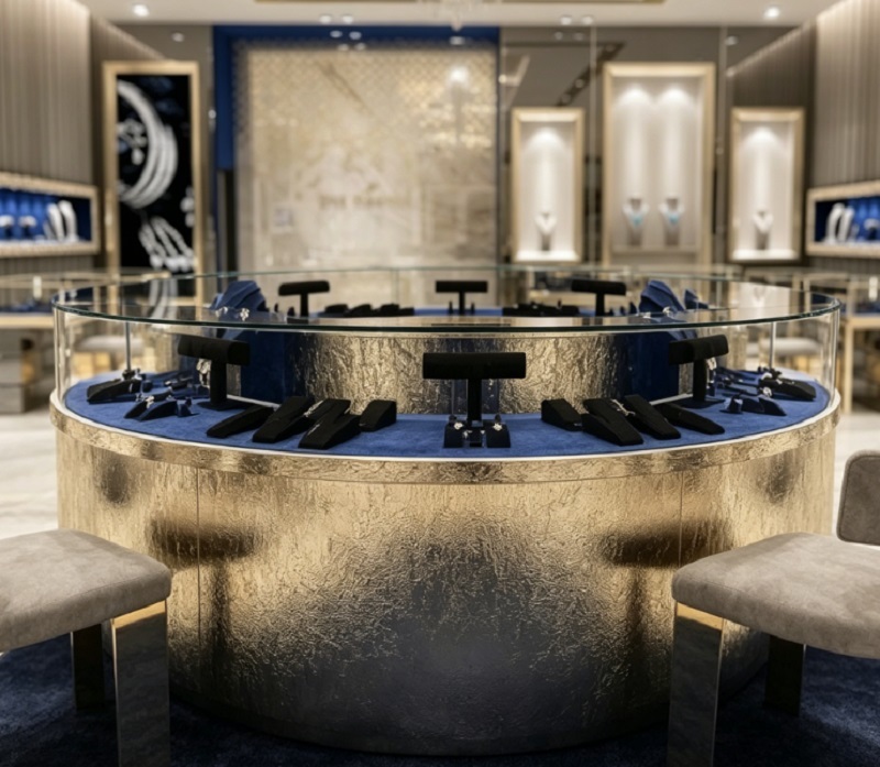 Luxury Gold Round Jewelry Kiosk, Complete Turnkey Retail Display Center with Blue Velvet Inserts & Matching Counters