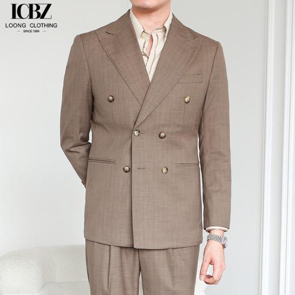 Italian Vintage Brown Suit Double Breasted Striped Jacket for Men's Professional Look