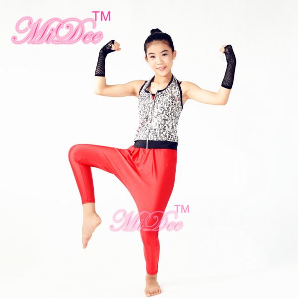 Sporty Hip Hop Dance Apparel Sleeveless Sequin Bodice Red Leotard With Fingerless Gloves