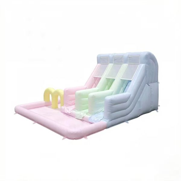 Pastel Rainbow Triple-Lane Inflatable Slide with Ball Pit Inflatable Bounce House for Kids  Parties