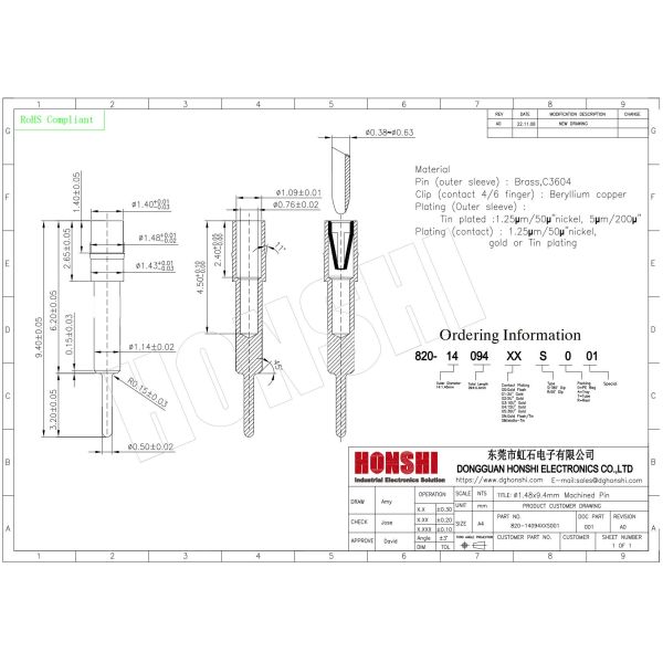 Pin de cabeza femenino mecanizado Dia1.48xL9.40 Clip Contacto 4/6 Dedo de estaño