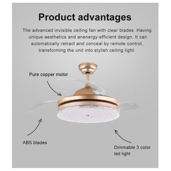 Fã de teto dobrável do abajur acrílico invisível com luz de Dimmable